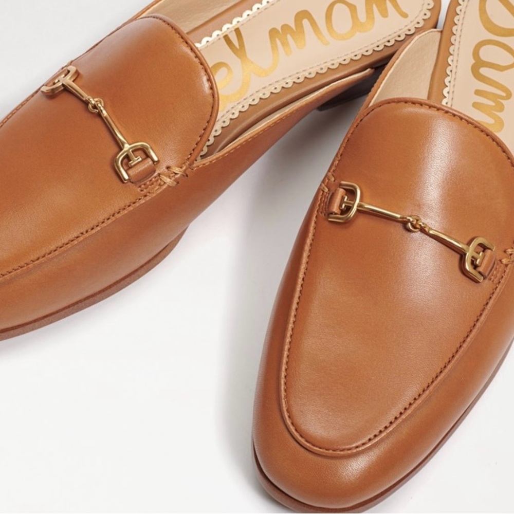 Sam Edelman Tan Leather Slip-On Loafers with Gold Accent